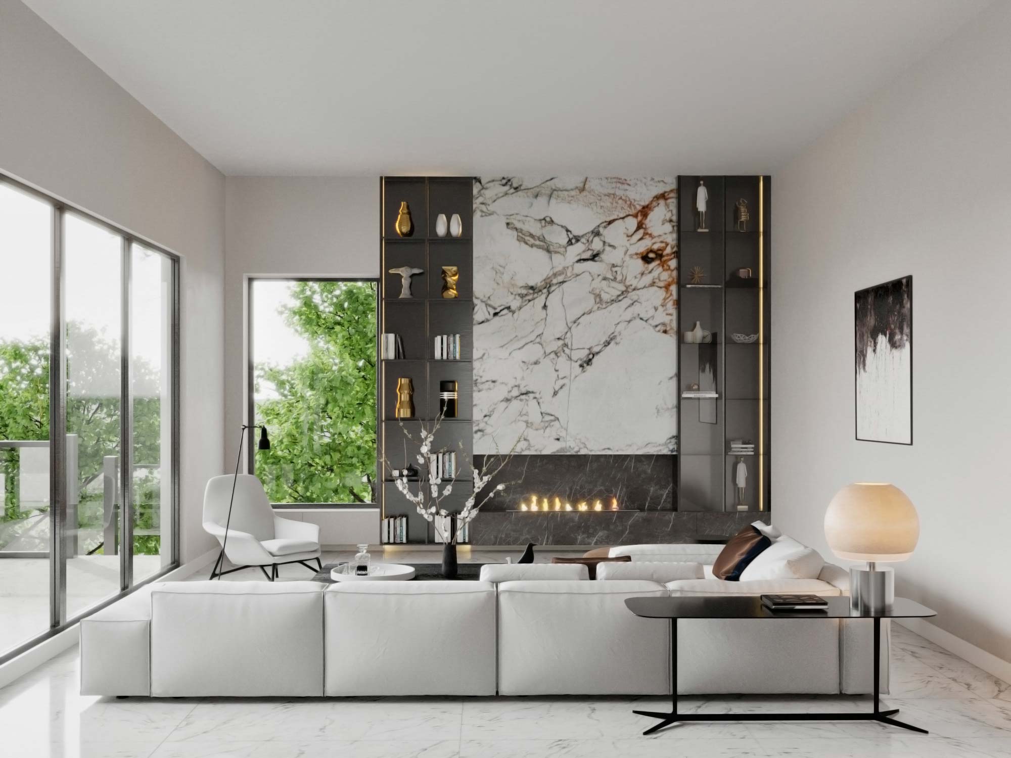 architectural interior design and 3d rendering of a modern living room