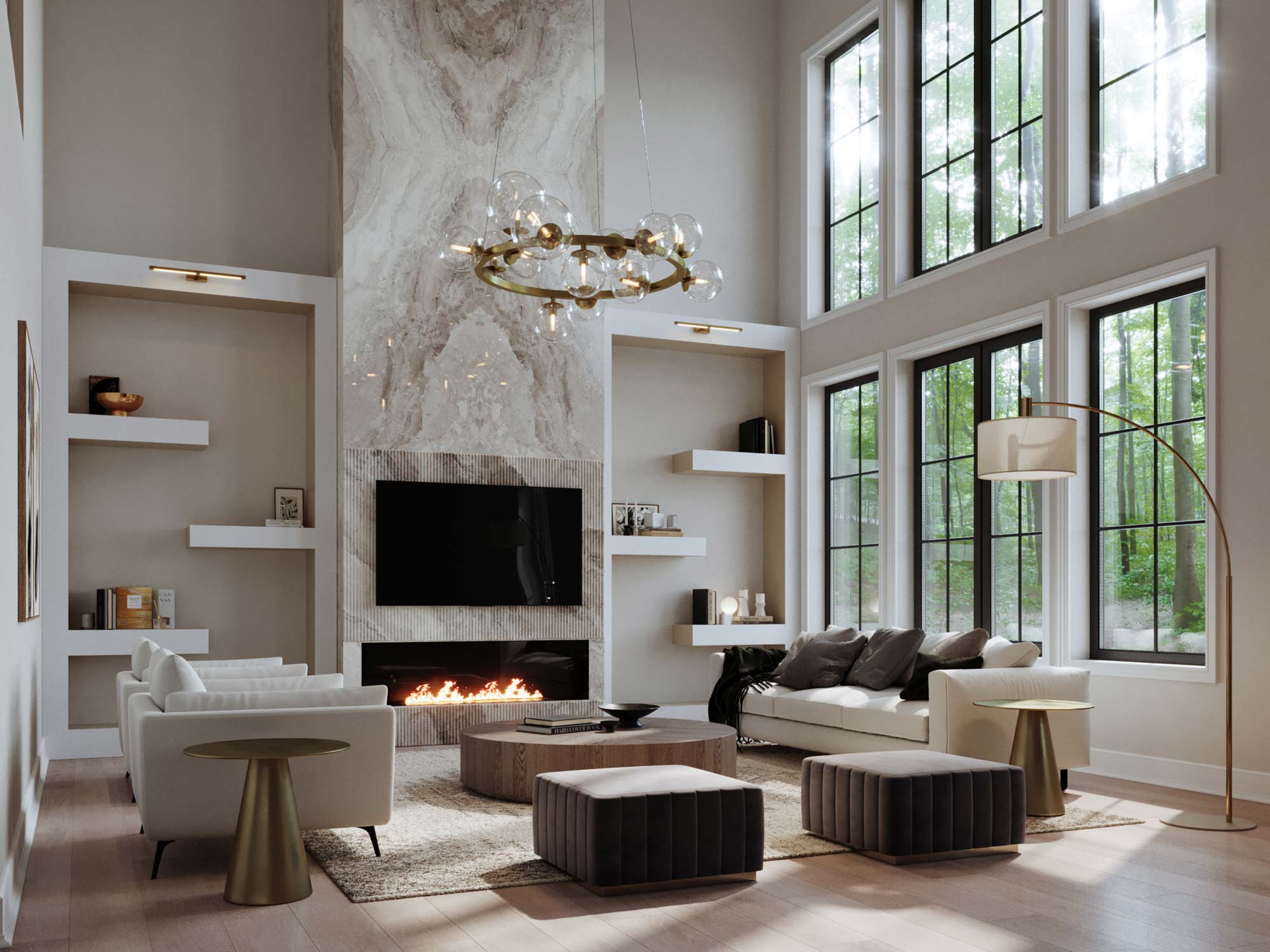 modern living room 3d rendering with fireplace andlarge windows