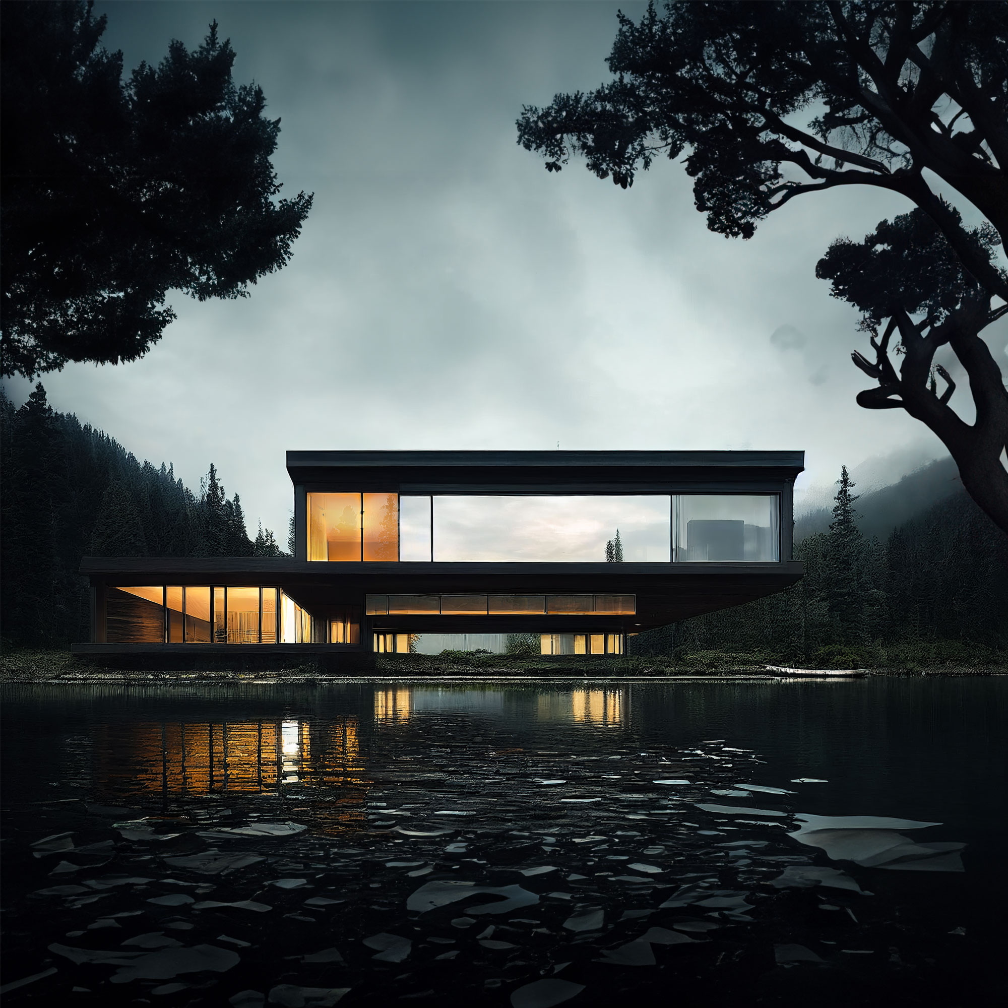 modern lake front house rendering